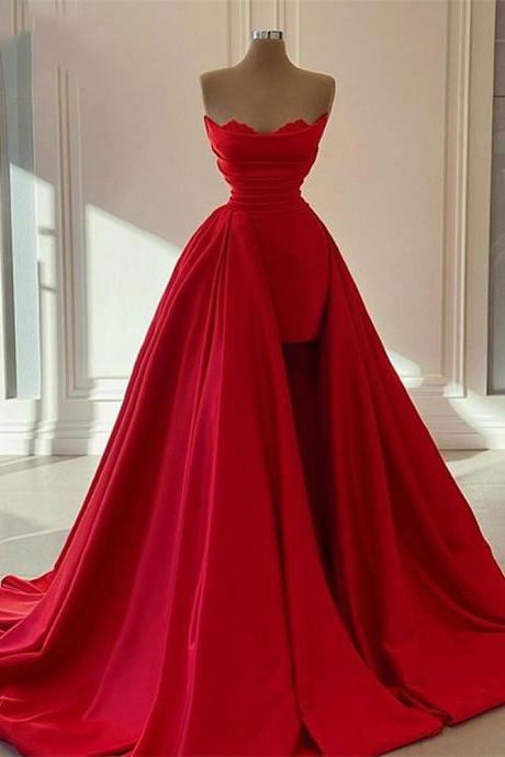 Red Long Evening Gowns Detachable Train Formal Dresses Woman Party Night Sweetheart Satin Vestidos De Fiesta Prom Dress