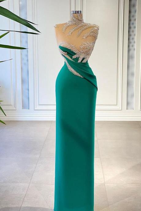 Elegant Green Crystals Prom Dresses High Neck See Thru Floor Length Long Evening Dressing Gowns Arabic Pageant Gown