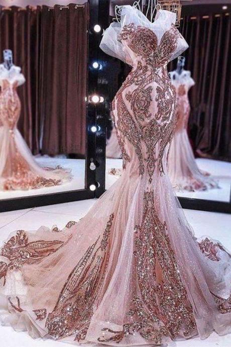 Elegant Pink Mermaid Prom Dress Sparkly Sequins Soft Tulle Lace Appliques Beaded Formal Evening Gown Custom Vestido De Gala