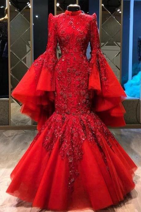 Luxury Red Mermaid Muslim Evening Dresses High Neck Asymmetrical Long Sleeve Beading Formal Prom Gowns Plus Size Custom Made
