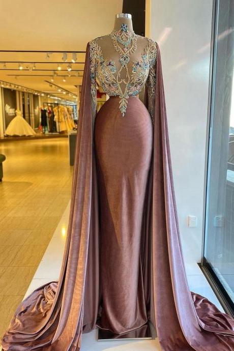 Arabic Style Long Prom Dresses High Neck Colorful Crystals Dress