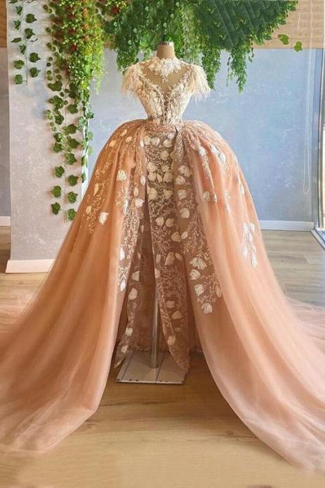 Gorgeous Feather Blush Pink Prom Dresses 2022 African High Neck Lace Beaded Split Evening Dress With Detachable Skirt Party Gown