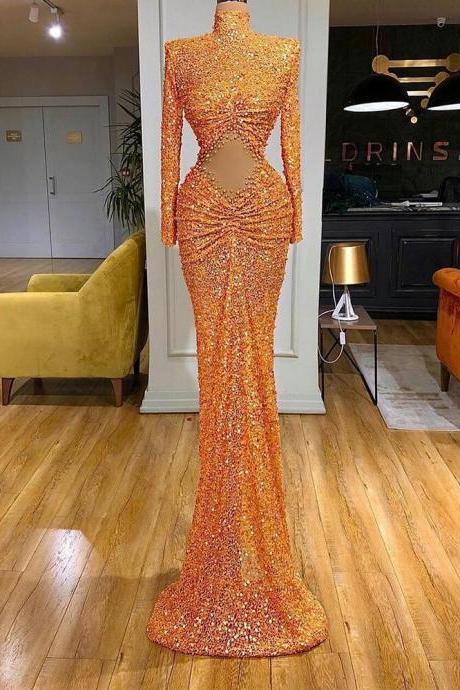 Luxury Orange Mermaid Prom Dresses High Neck Full Sleeves Sparkling Sequins Evening Gown For Women Custom Made Vestido De Gala