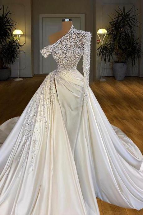 Elegant One Shoulder Prom Dresses With Pearls Long Sleeve Custom Made Evening Gowns Red Carpet Film Opening Ceremony Dress