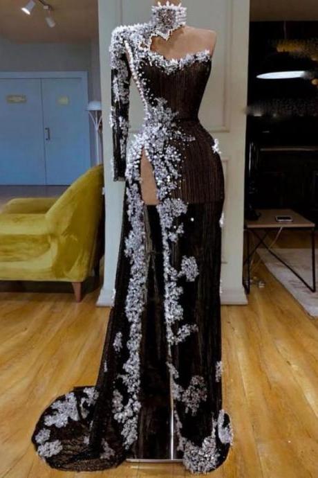 Sexy Beaded Lace Mermaid Evening Dresses High Side Split Prom Gowns One Shoulder Long Formal Party Dress High Collar