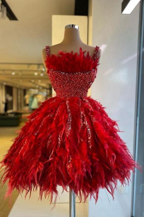 Gorgeous Red Feather Short Prom Dresses With Straps Mini Length Ball Gown Women Pageant Gowns Crystals Beaded Gowns