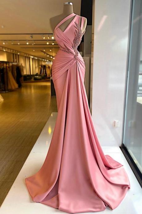 Elegant Pink Evening Dress One Shoulder Beaded Cryatals Ruffles Long Women Prom Party Gowns Plus Size For Pageant