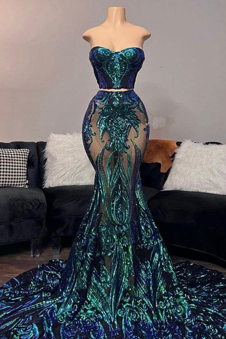Sexy Glitter Prom Dresses 2023 For Black Girl Sequins Applique Two Pieces Birthday Evening Party Cocktail Gowns Robe De Bal