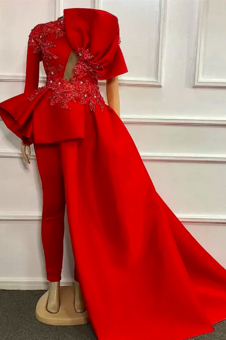 Red Plus Size Evening Jumpsuit With Train 2023 Lace Stain Velvet Long Sleeve Ruffles Peplum Arabic Prom Dress With Pant Suit