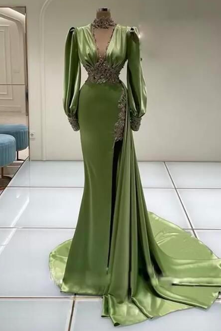 High Neck Green Evening Dresses Crystal Split Side Train Celebrity Mermaid Long Prom Dress T Shirt Sleeve Arabic Dubai gown