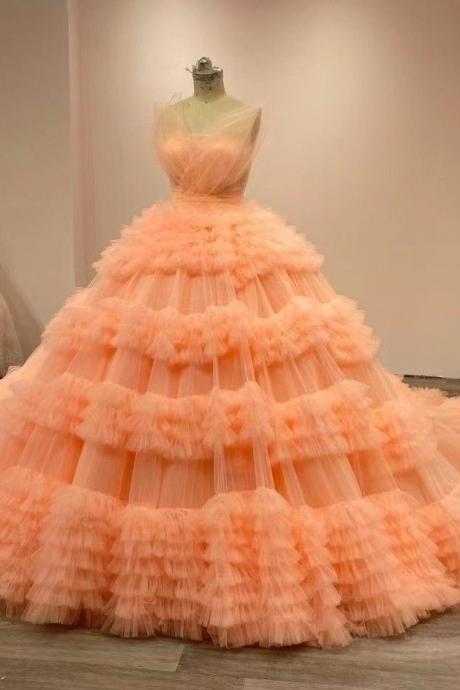 Luxury Ball Gown Tulle Prom Dress 2023 Celebrity Style V-neck Ruffles Tiered Evening Formal Gowns Long Train Robes De Soiree Vestidos Fieast