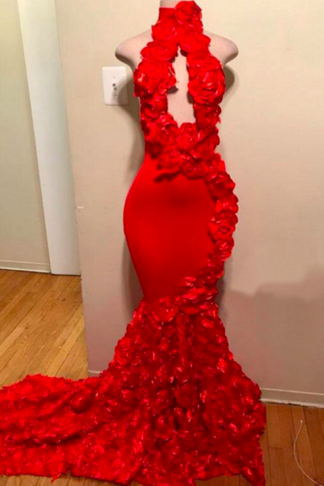Red Mermaid Arabic Dubai Prom Dress Long 2023 High Neck Cut-out Front Handmade 3d Flowers Backless Evening Formal Gown Vestidos De Gala