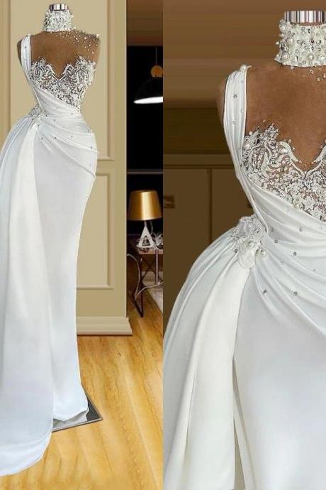 Aso Ebi Mermaid Prom Dresses Elegant Satin High Collar Pearls Rhinestones Lace Formal Evening Parrty Gowns Overskirts Second Recetion Engagement