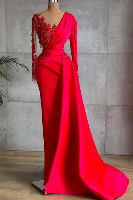 Red Prom Dresses, Lace Prom Dresses, V Neck Prom Dresses, Long Sleeve Prom Dresses, Mermaid Evening Dresses, Custom Make Evening Dresses, Prom