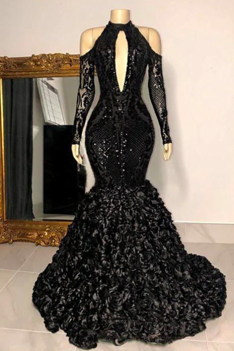 Black Prom Dresses, Long Sleeve Prom Dresses, Hand Made Flowers Prom Dresses, Lace Evening Dresses, Black Formal Dresses, Evening Dresses,