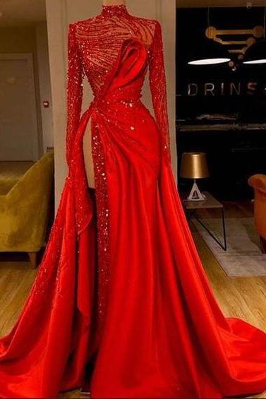 Red Prom Dresses, Long Sleeve Prom Dresses, Satin Evening Dresses, Long Sleeve Formal Dresses, Red Evening Dresses, Evening Gowns, Sparkly