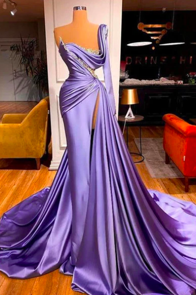 Satin Evening Dresses, Purple Prom Dresses, One Shoulder Prom Dresses, Side Slit Evening Dresses, Pleats Prom Dresses, Fashion Evening Dresses,