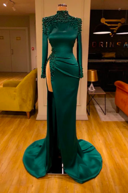 Green Prom Dresses, High Neck Prom Dresses, Pearls Prom Dresses, Long Sleeve Porm Dresses, Arabic Evening Dresss, Evening Gowns, Sexy Prom