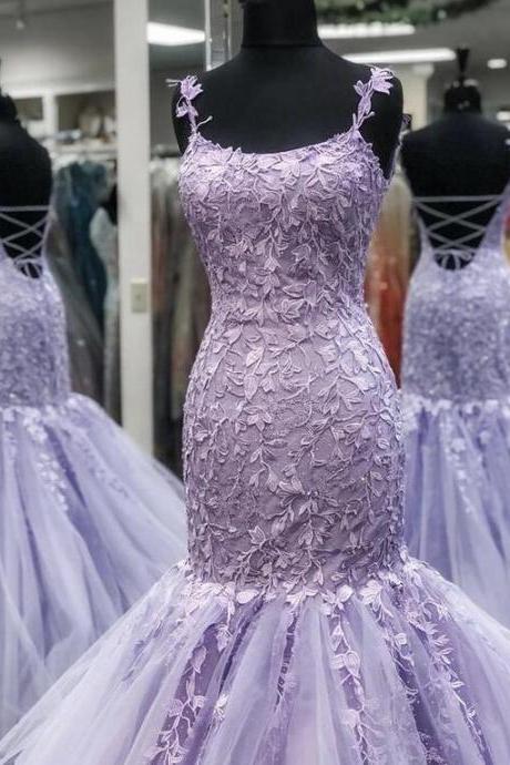 Purple Prom Dresses, Lace Prom Dresses, Mermaid Prom Dresses, Sweetheart Neck Prom Dresses, Spaghetti Neck Prom Dresses, Mermaid Evening Gowns,
