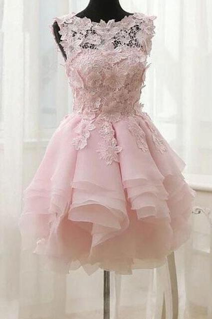 Pink Prom Dresses, Lace Prom Dresses, Sheer Crew Neck Prom Dresses, Lace Appliques Evening Dresses, Short Prom Dresses, Lace Homcoming Dresses,