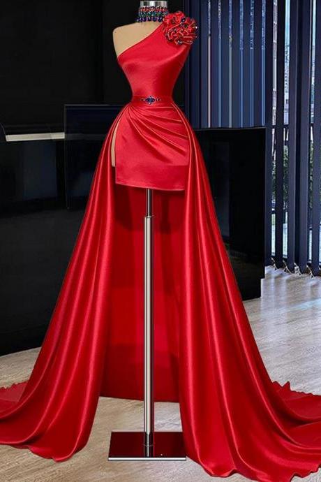 Red Prom Dresses, Side Slit Prom Dresses, Satin Prom Dresses, A Line Prom Dresses, Red Evening Dresses, Fashion Evening Gowns, Satin Formal
