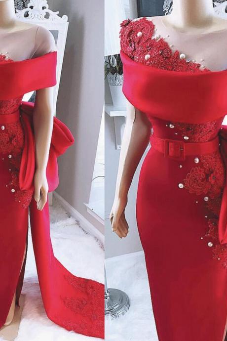 Red Prom Dresses, Off The Shoulder Prom Dresses, Lace Appliques Prom Dresses, Satin Evening Dresses, Mermaid Evening Dresses, Custom Make Prom