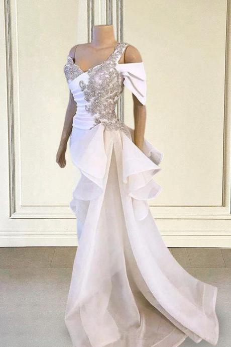 African White Evening Dresses Long Luxury 2023 Off Shoulder Beaded Crystal Overskirt Dubai Women Formal Wedding Party Party Gown