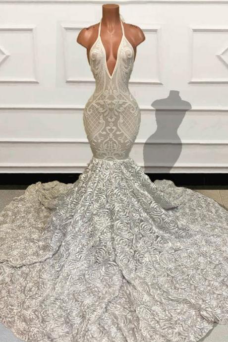 Sparkly Sequin White Mermaid Long Prom Dresses Luxury V Neck Backless 3d Flowers Train Women Formal Evening Gowns For Party 2023