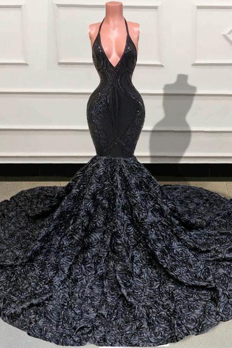 Sparkly Sequin Mermaid Long Prom Dresses 2023 Luxury Black Girls V Neck Backless 3d Flowers Train Formal Evening Gowns For Party