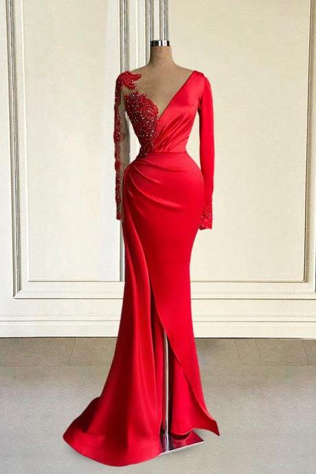 Mermaid Long Prom Dresses Beaded Appliques High Slit Sheer Full Sleeve Black Girls Red Formal Evening Gowns For Party 2023