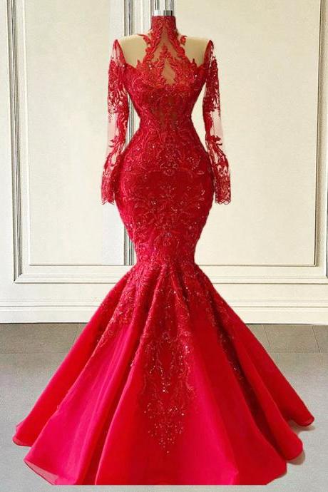 Red Evening Dresses 2023 Mermaid High Neck Long Sleeves Beads Lace Girls Women Formal Prom Party Gowns Custom Made