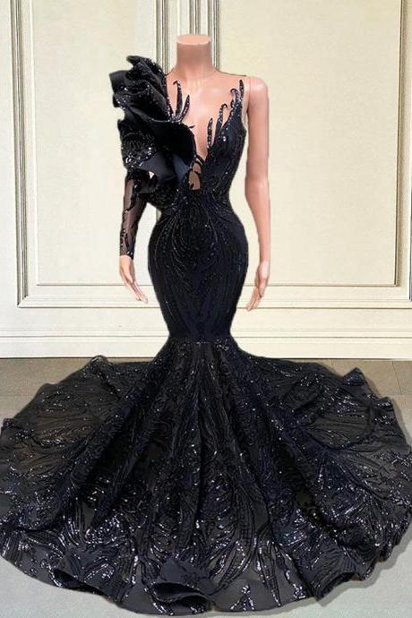 Custom Black Long Sparkly Sequined Prom Dresses 2023 Mermaid Style With Full Sleeve Ruffle Formal Evening Gala Gowns For Wedding