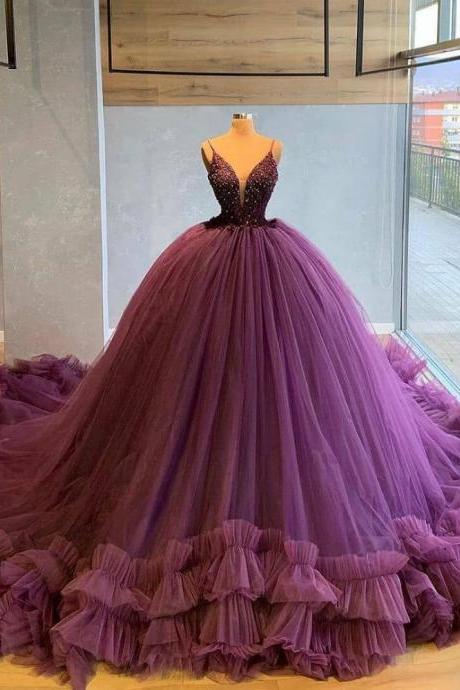 Sexy V Neck Purple Tulle Ruffles Party Evening Dresses 2023 Formal Prom Dress Gown Women Robe De Soirée De Mariage