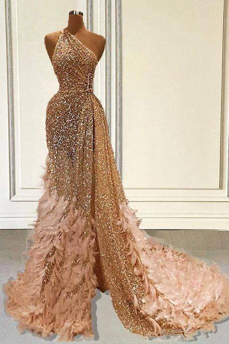 One Shoulder Long Mermaid Prom Dresses Luxury 2023 Sequin With Feathers High Slit Dubai Women Formal Party Evening Gowns
