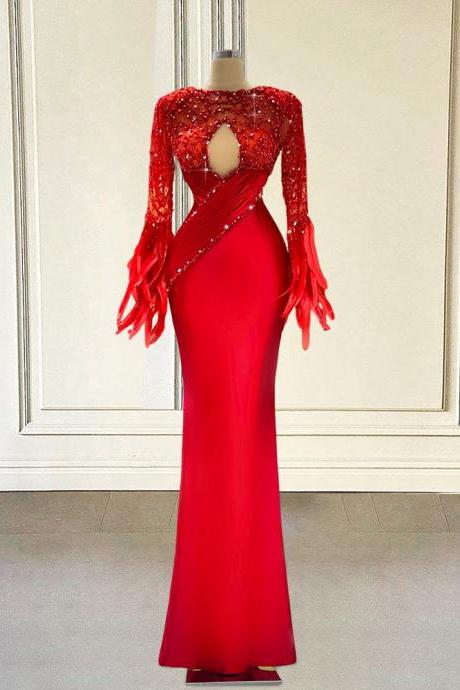 Luxury Beaded Red Mermaid Long Prom Dresses For Graduation Party 2022 Sexy Feathers Full Sleeves Women Formal Evening Gowns