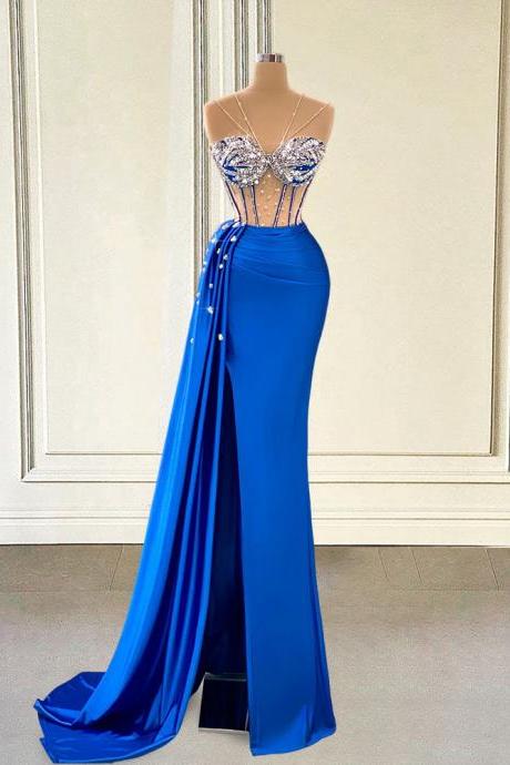 Glitter Beaded Blue Mermaid Long Prom Dresses For Graduation Party 2022 Sexy Sheer Mesh Gils Women Formal Evening Gown With Slit