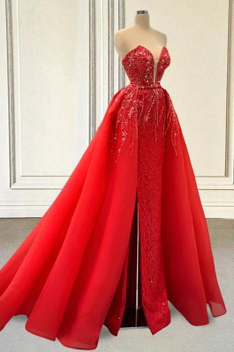 Sparkly Sequin Red Mermaid Long Prom Dresses With Detachable Train 2022 Luxury Women Formal Evening Gowns For Graduation Party