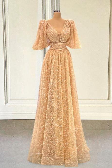 Luxury Champagne Women Formal Long Prom Dresses 2023 Sparkly Sequin Half Sleeves A-line Gils Evening Gowns For Graduation Party