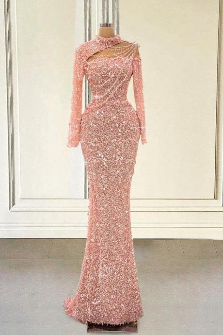 Sparkly Sequin Pink Mermaid Long Prom Dresses For Graduation Party 2023 Luxury Full Sleeves Women Formal Evening Gowns