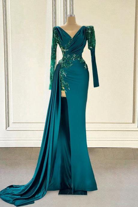 Girls Mermaid Long Prom Dresses For Graduation Party 2023 Sexy Beaded Appliques Full Sleeve Women Formal Evening Gowns With Slit