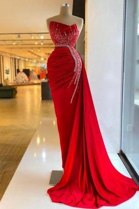 Red Prom Dresses, Pleats Prom Dresses, Beaded Prom Dresses, Custom Make Evening Dresses, Red Evening Dresses, Beading Evening Dresses, Sexy