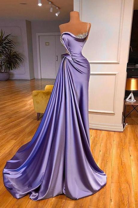 Lilac Evening Dress 2023 Beading One Shoulder Stones Ruched Sweep Train Robe De Soiree Women Pageant Party Gowns