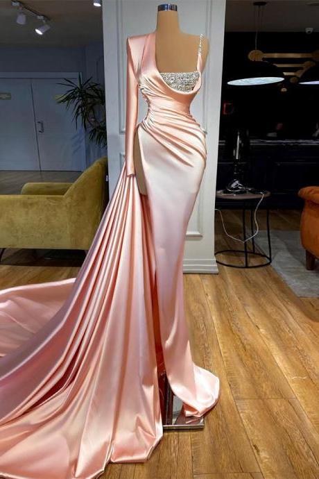 Pink Evening Dress One Long Sleeves Beading Sequin Pleat Mermaid Prom Gowns Long Train Celebrity Party Dresses With Slit