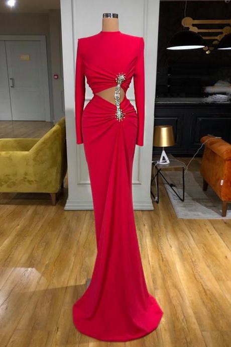 Sexy High Neck Long Sleeves Mermaid Evening Dress Cut-out Beading Stones Sweep Train Custom Size Formal Party Gown Prom