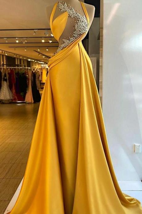 Luxury Mermaid Evening Dresses 2022 Beaded Lace Appliques Sexy Top Illusion Prom Gowns Elegant Satin Women Formal Party Dress