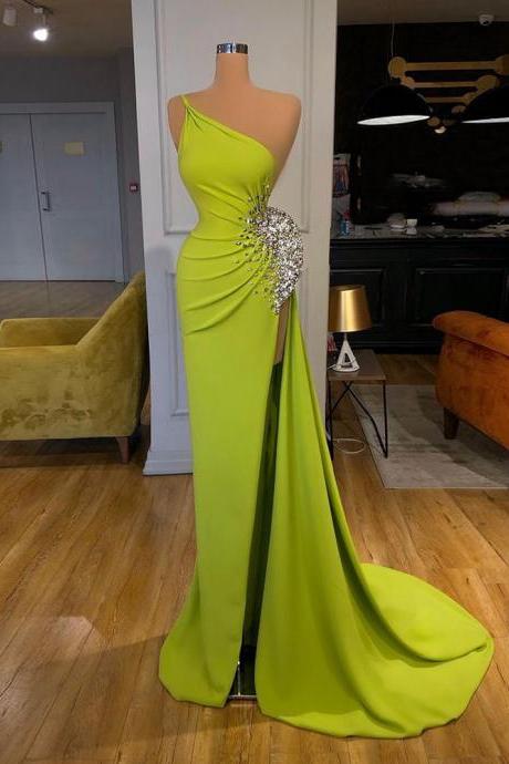 Sexy Evening Dresses 2022 Sleeveless One Shoulder Beads Rhinestones Pageant Gowns High Slit Long Prom Dress For Lady