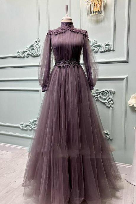 Elegant A-line Muslim Formal Evening Dresses Long Sleeves Tulle High Neck Beaded Lace Women Prom Party Gowns Plus Size 2022