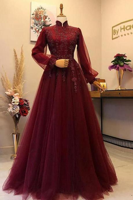 Burgundy Long Sleeve Islamic Muslim Formal Dress A-line High Collar Beaded Lace Tulle Dubai Saudi Arabic Prom Evening Gowns