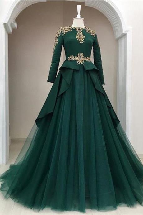 Green Muslim Evening Dresses 2022 A-line Long Sleeves Tulle Lace Crystals Prom Dress Dubai Saudi Arabic Long Formal Evening Gown
