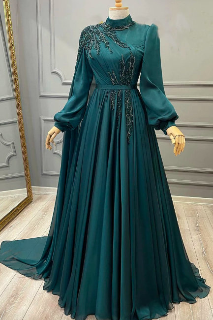 Abendkleider Teal A-line Long Sleeve Formal Dress Lace Beaded Chiffon Moroccan Caftan Muslim Evening Party Gowns 2022